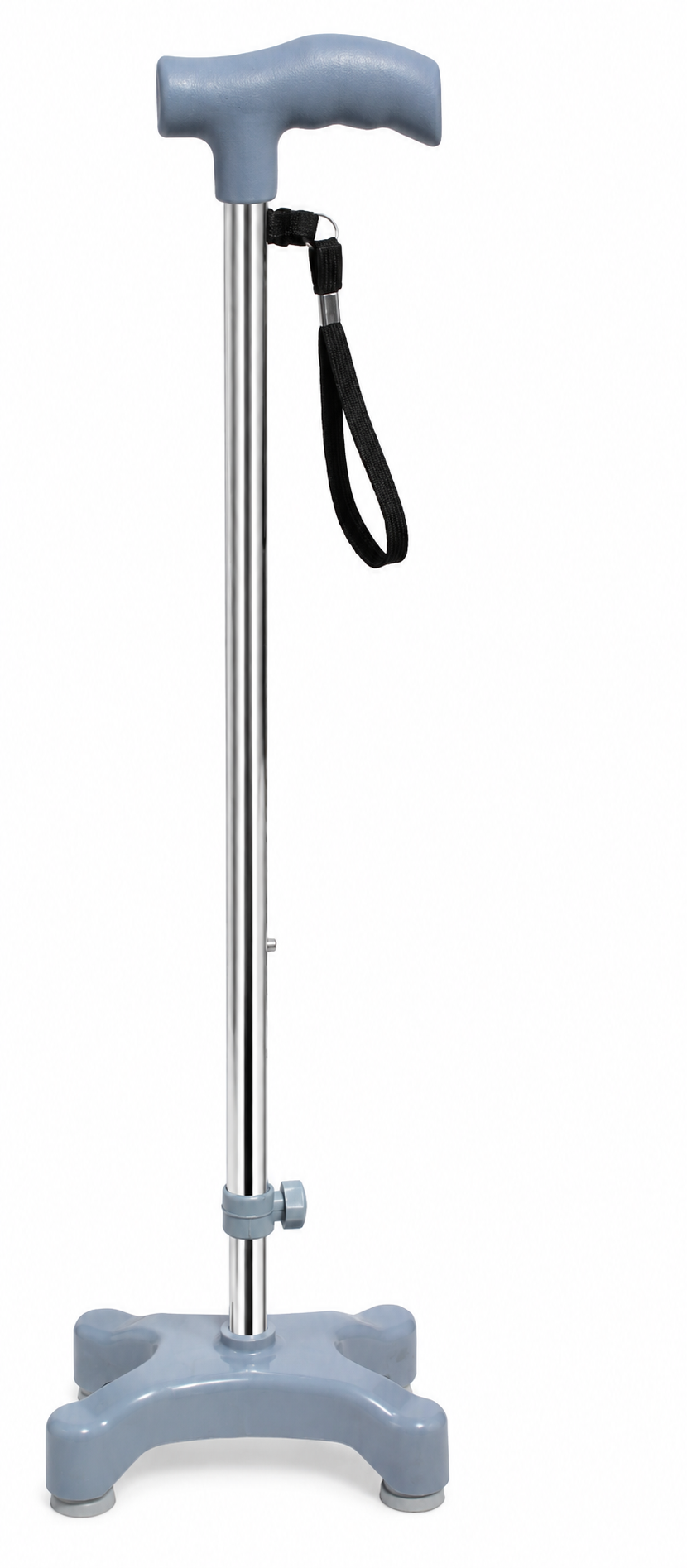 Height Adjustable Quad Base Walking Stick with Wrist Strap for Elderly & Senior Citizens – Grey